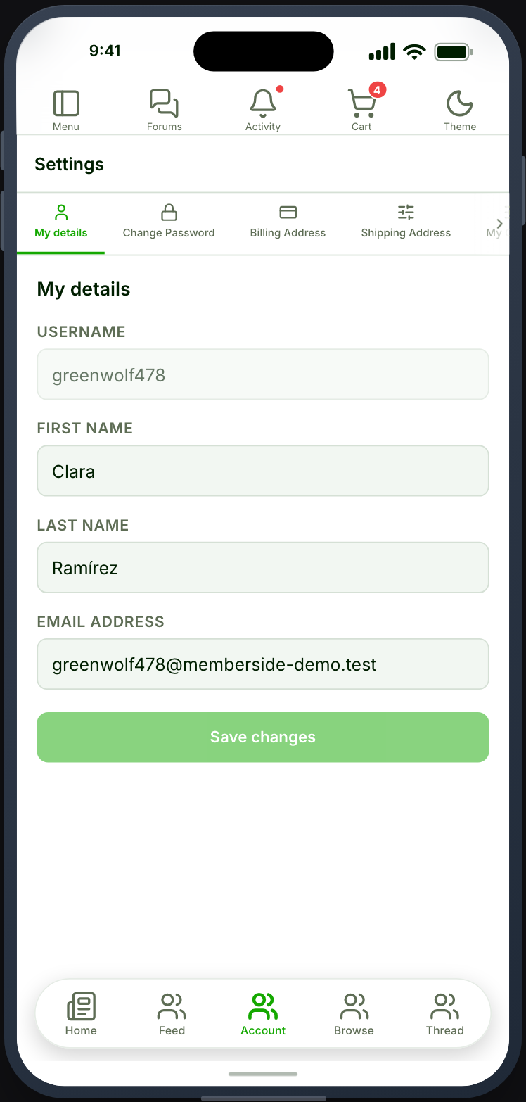 The account settings screen and its tabs