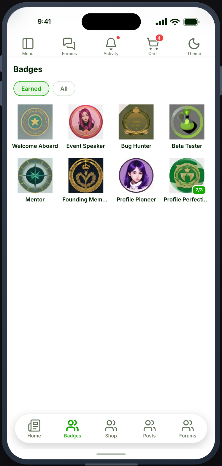 The badges screen, and badges on a profile