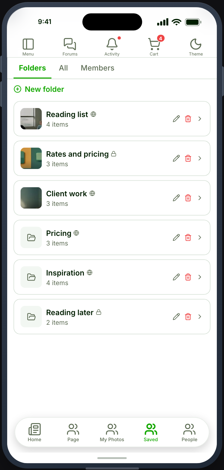 Saved posts and members, in folders