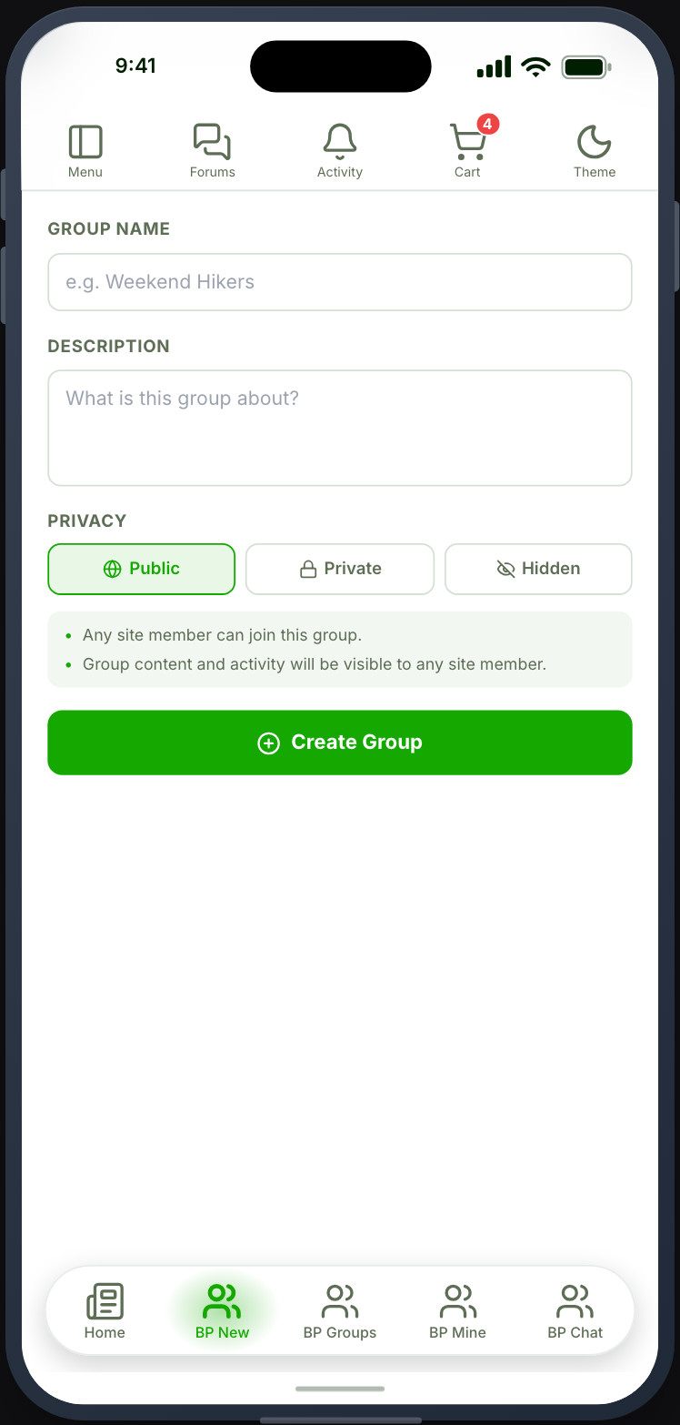 Creating a BuddyPress group