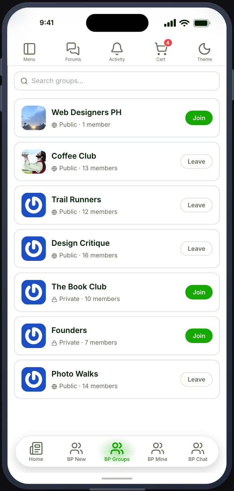 Browsing BuddyPress groups and managing one