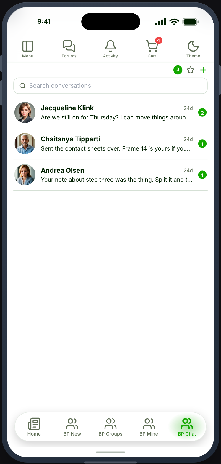 A conversation list, a conversation, and starting one