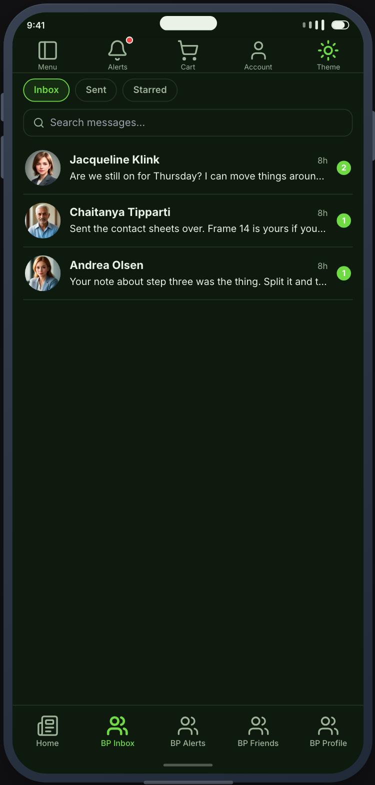 A conversation list, a conversation, and starting one