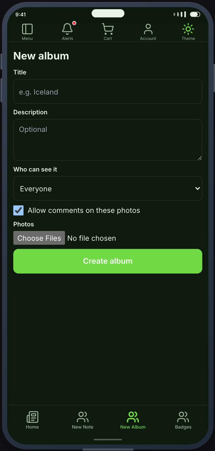 Creating an album and adding the first photos