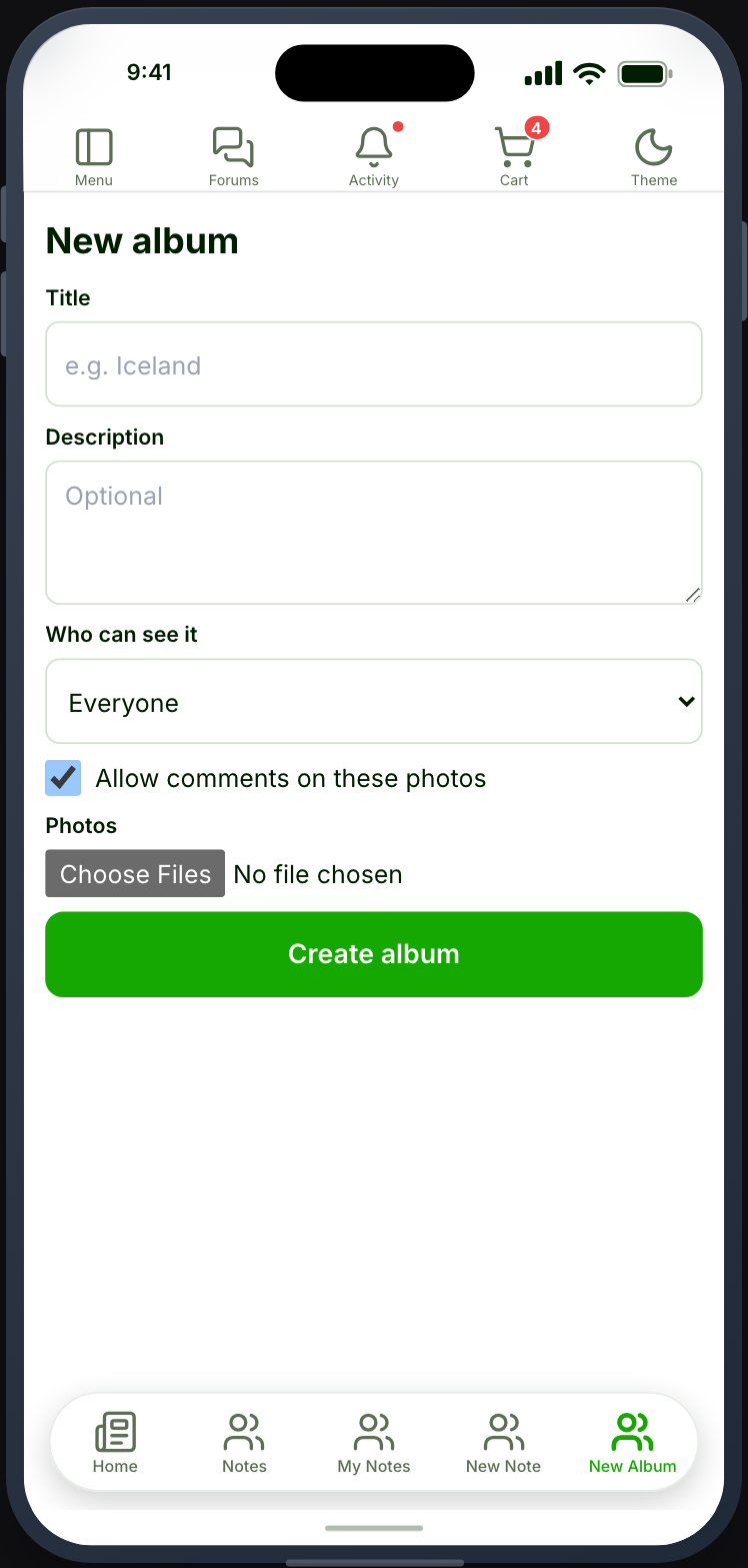 Creating an album and adding the first photos
