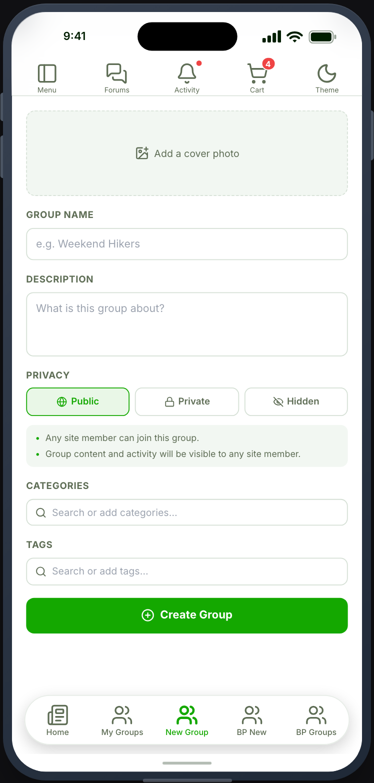 Creating a group and choosing its privacy