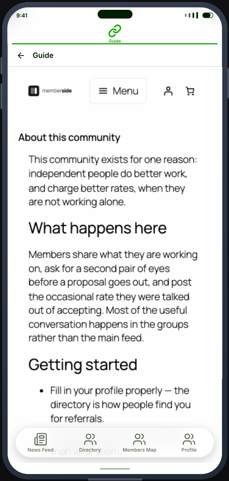A custom link opening a page inside the app