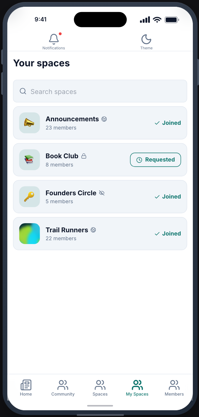 Your spaces, joined and requested