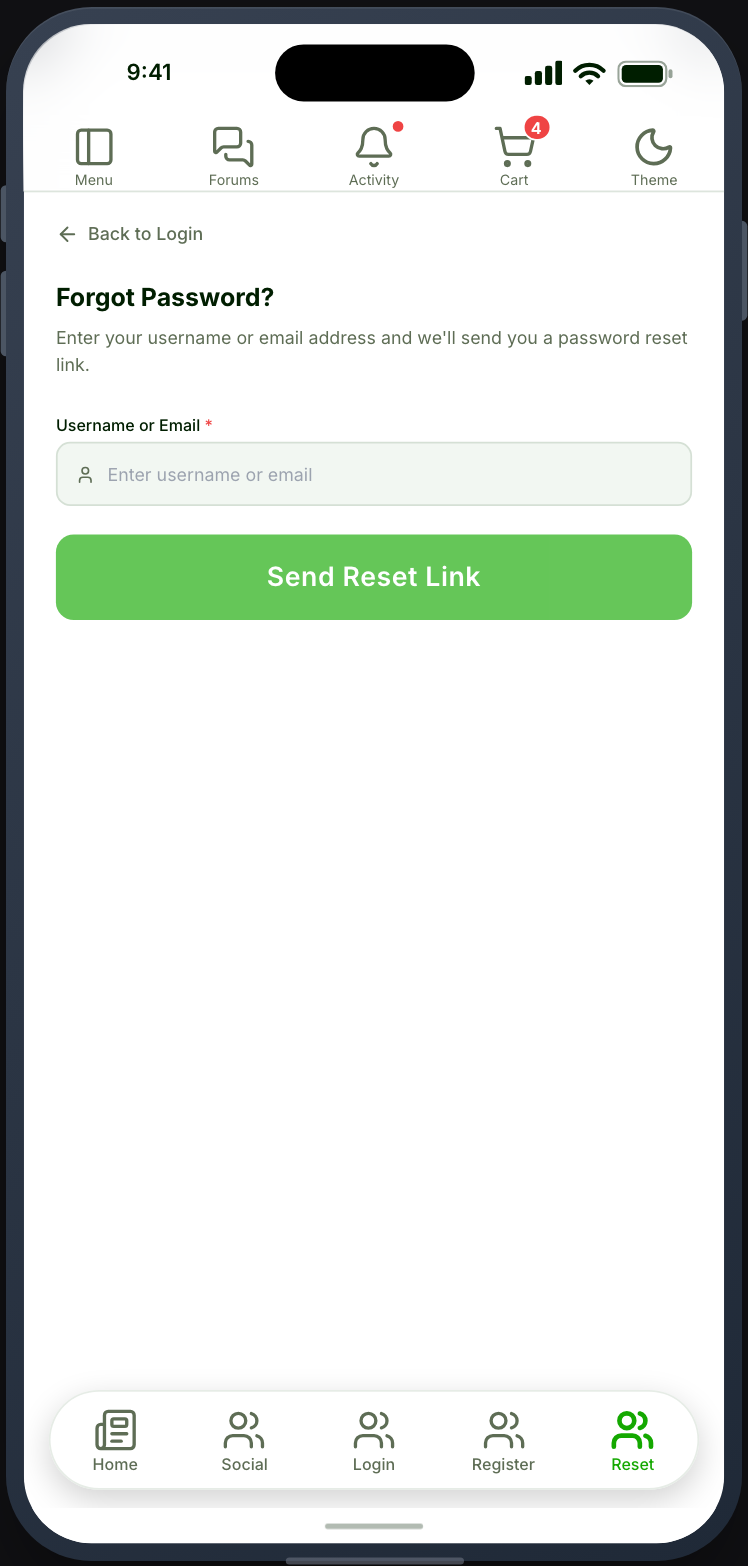 Requesting a password reset from the app