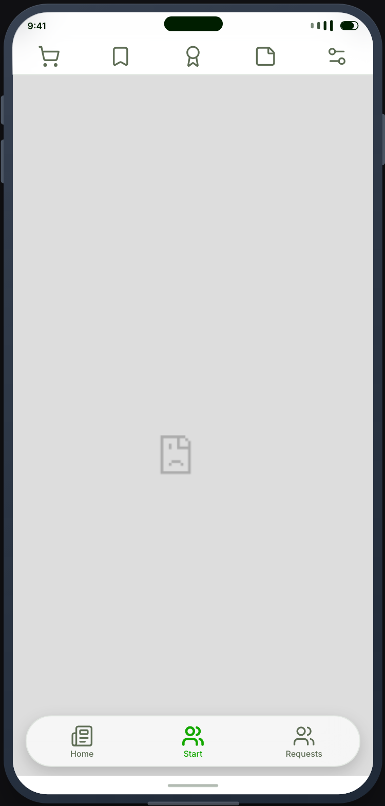 The app opening on a Home tab
