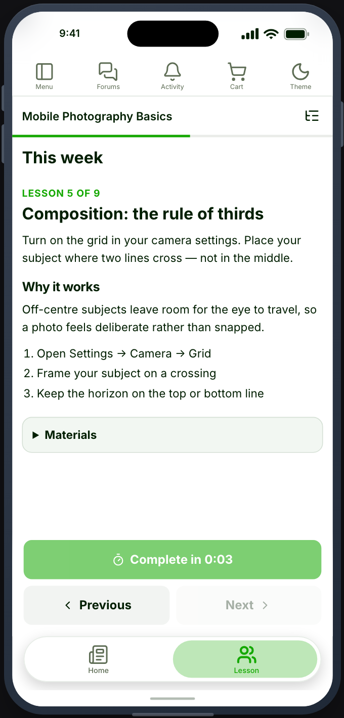 A pinned lesson, opened as its own tab