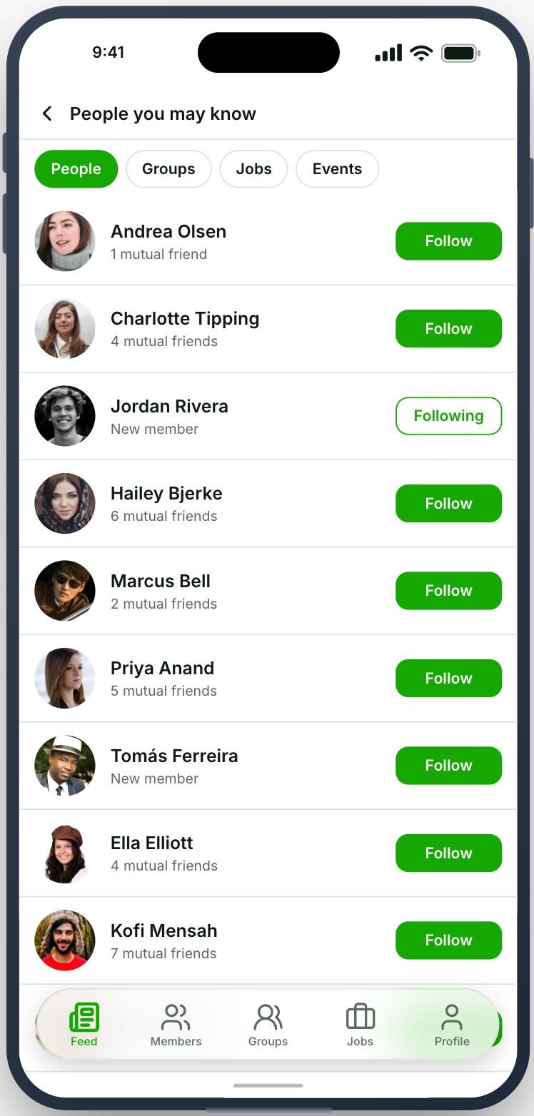 More Suggestions opened from a People carousel, with one member already followed