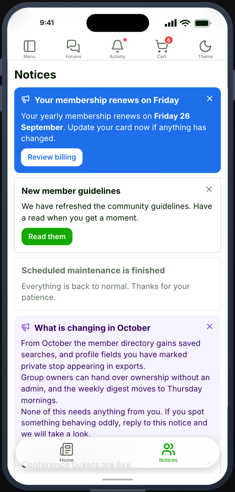 The notices screen, with the ones already read kept at the bottom